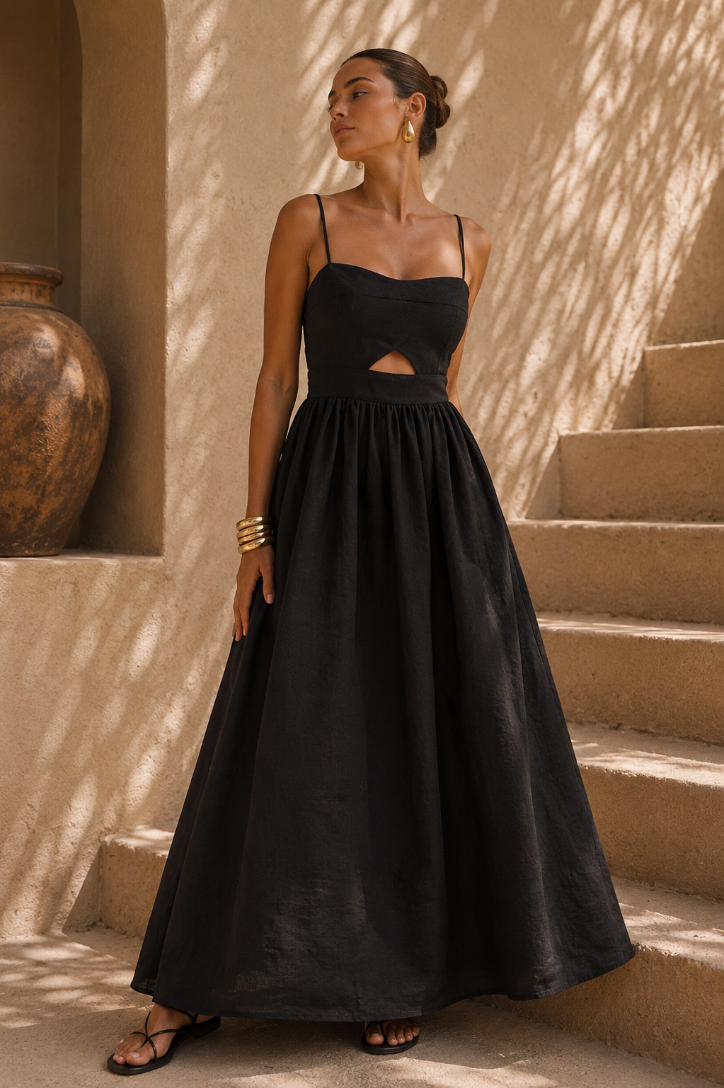 Black Cutout Linen Blend Maxi Dress