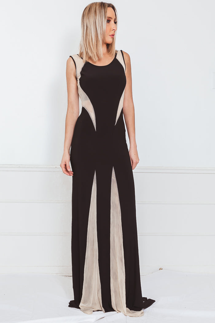 Elegant Maxi Dress with Contrast Detail S / BLACK/NUDE / 01330