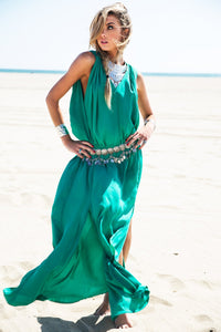 Molin Front Slits Chiffon Maxi Dress - Emerald - Haute & Rebellious