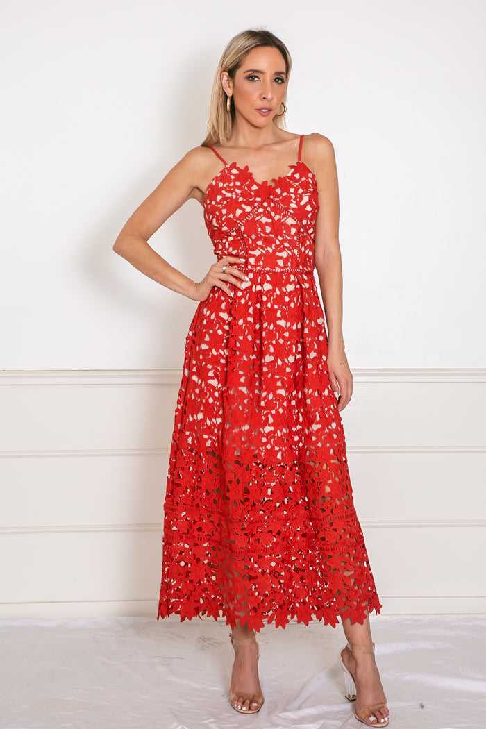 Lace Fit-and-Flare Midi Dress - Red Haute & Rebellious Lace Fit-and-Flare Midi Dress - Red Haute & Rebellious