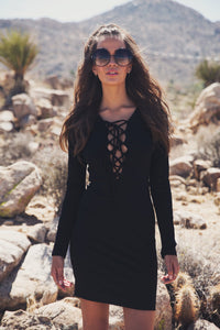 Liana Long Sleeve Lace-Up Dress - Black - Haute & Rebellious