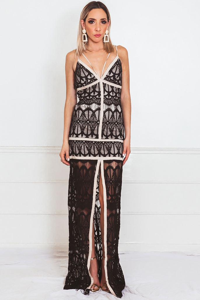 Lace Maxi Dress with Nude Contrast L / BLACK/NUDE / 03770