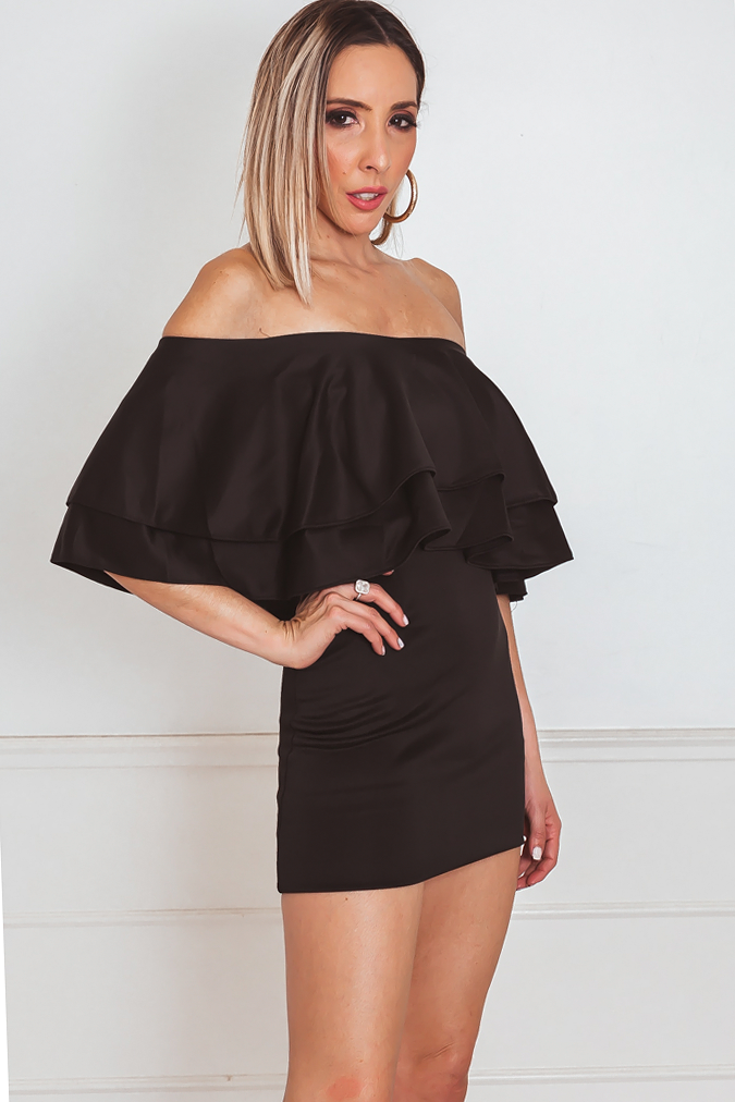 Off-Shoulder Layered Ruffle Mini Dress S / Black / 03893