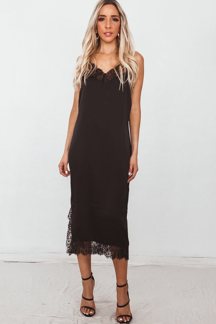 Satin Slip Midi Dress with Lace Trim - Black - S / BLACK / 04427 Satin Slip Midi Dress with Lace Trim - Black - S / BLACK / 04427
