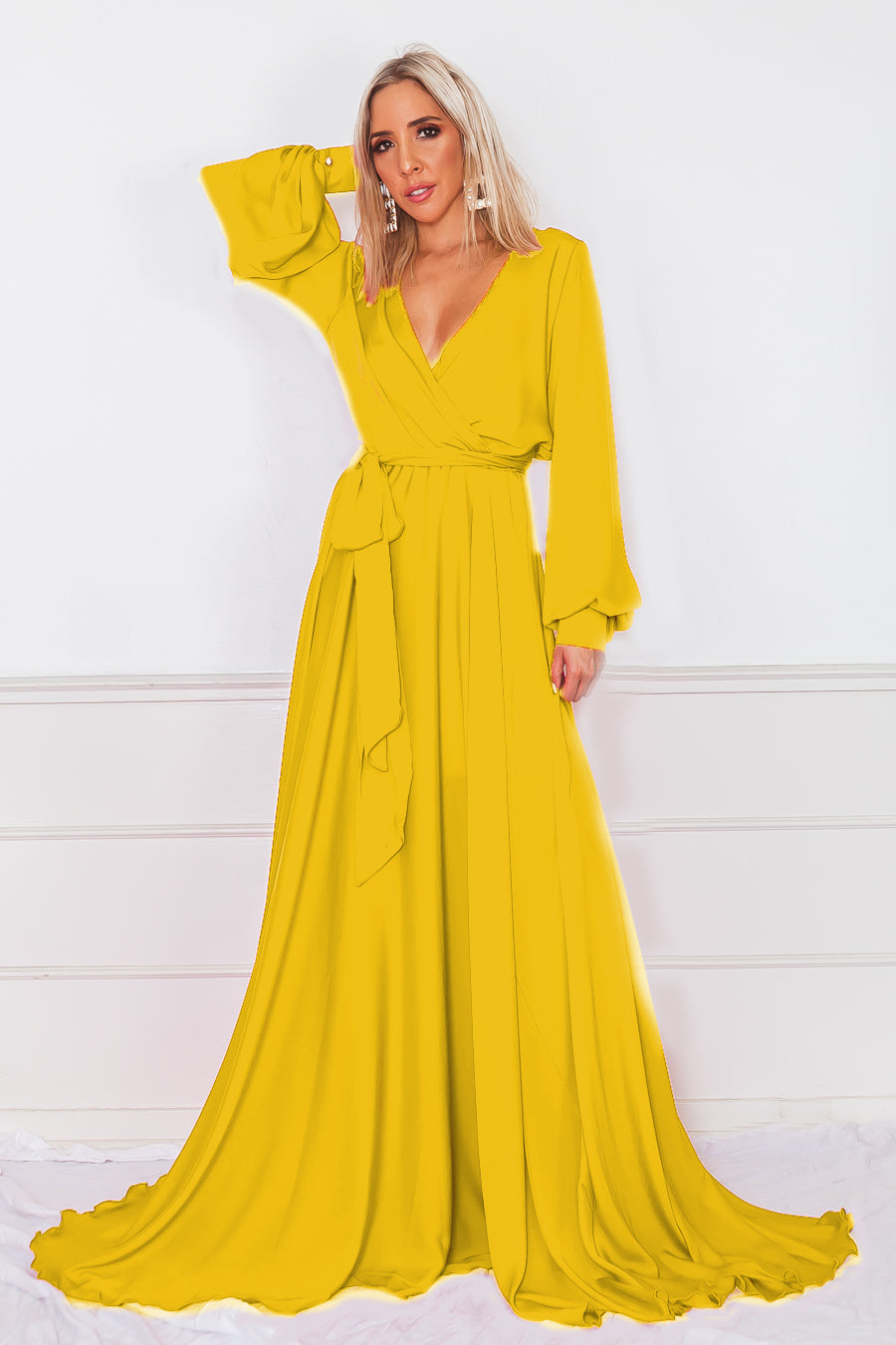 satin yellow maxi dress Deep-V Satin Maxi Dress