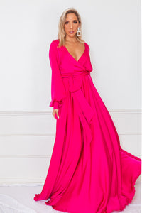 Deep-V Satin Maxi Dress - Fuchsia