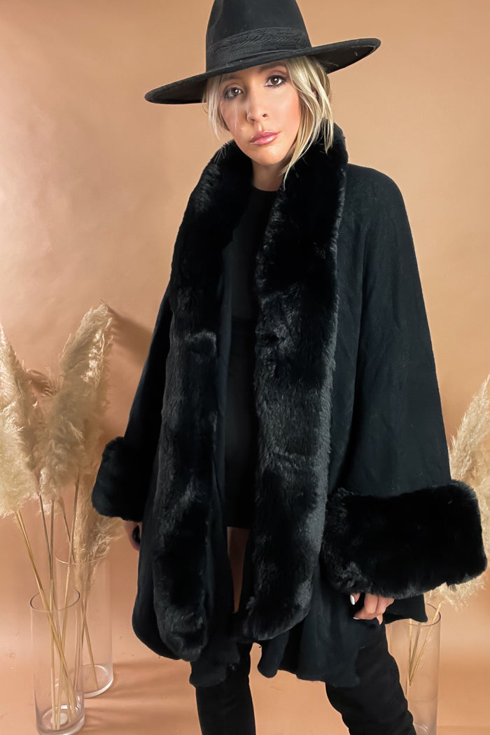black fur coat for dress Faux Fur Cape - Black