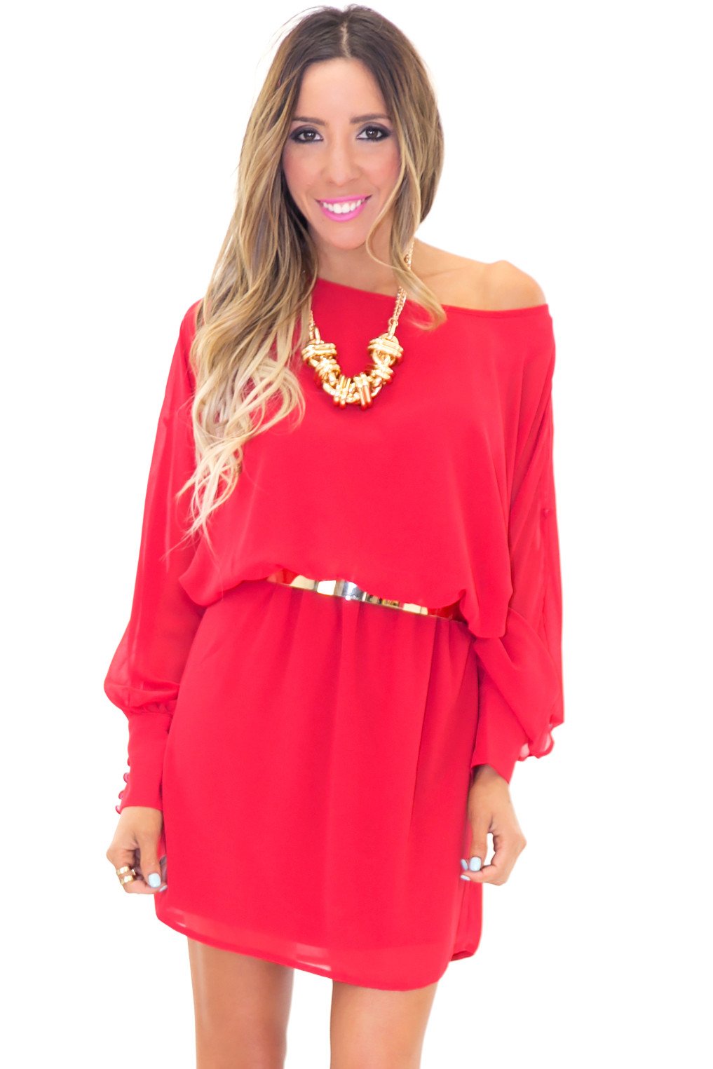 Chiffon Long Sleeve Dress - Red