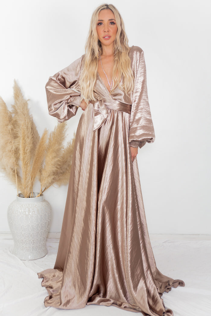 Ultra-Shine Deep-V Satin Maxi Dress - Champagne - S / Champagne / 04637 Ultra-Shine Deep-V Satin Maxi Dress - Champagne - S / Champagne / 04637
