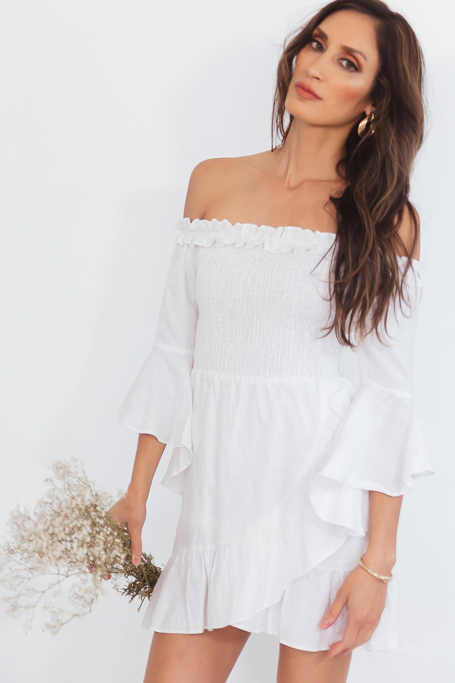 Off-Shoulder Linen Dress with Tie M / White / 04550 Off-Shoulder Linen Dress with Tie M / White / 04550