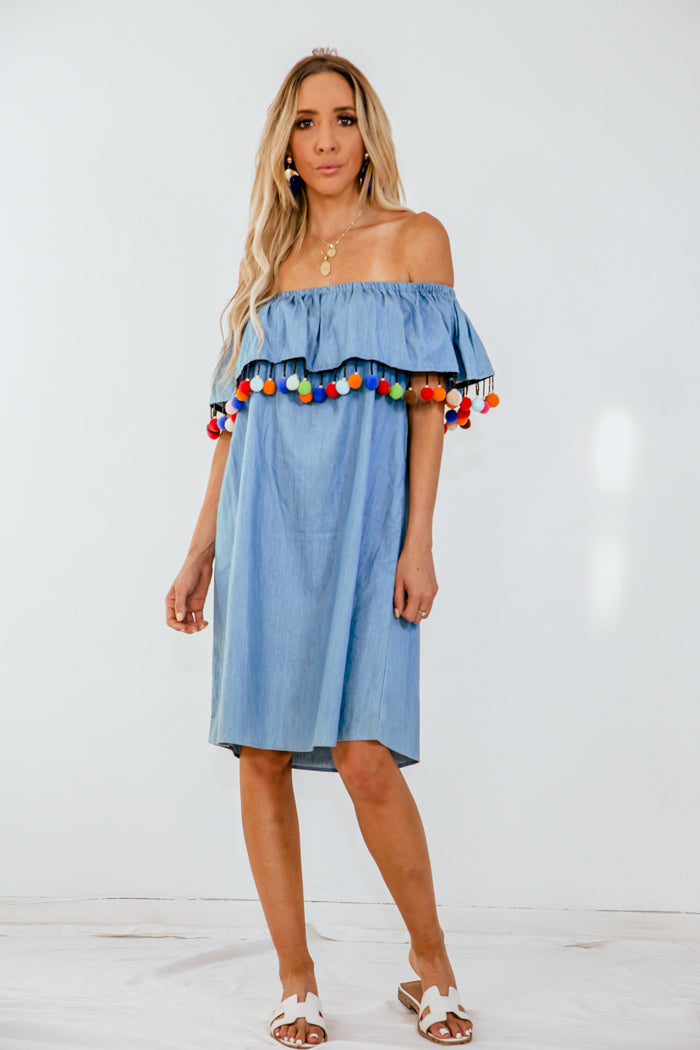Off-Shoulder Ruffle Dress with Pom-Poms L / BLUE / 04067