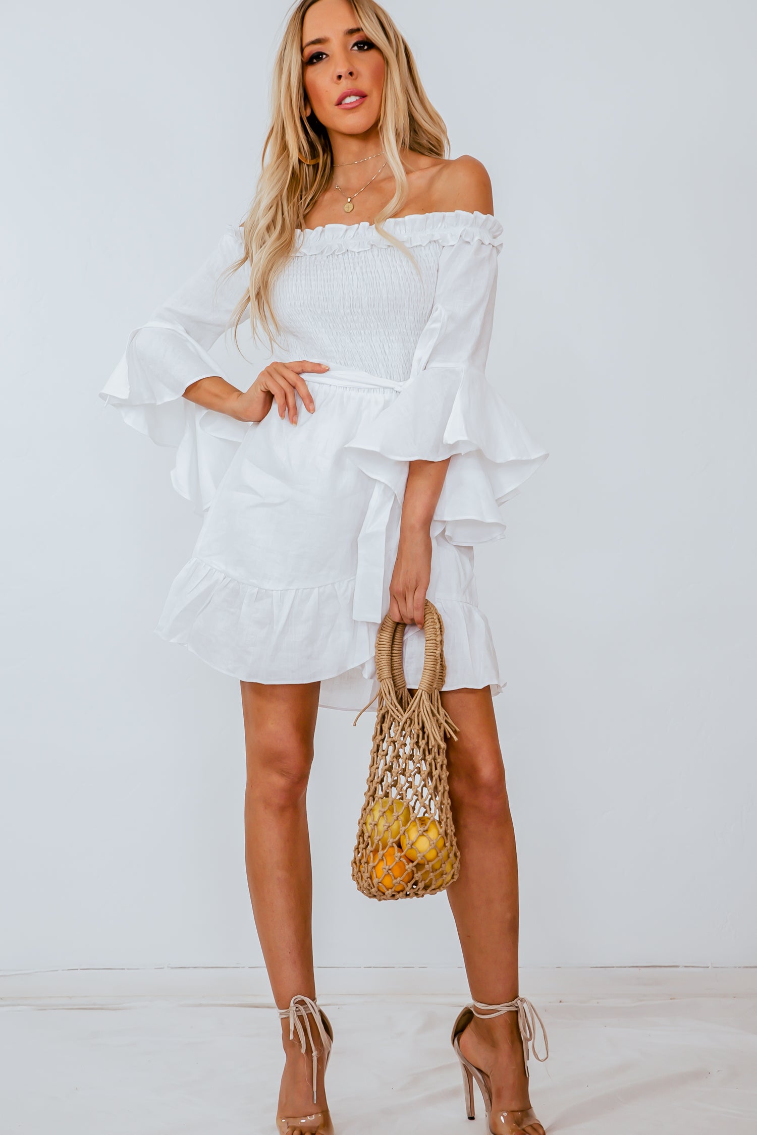 Off-Shoulder Linen Dress with Tie