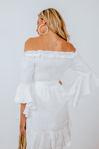 Off-Shoulder Linen Dress with Tie