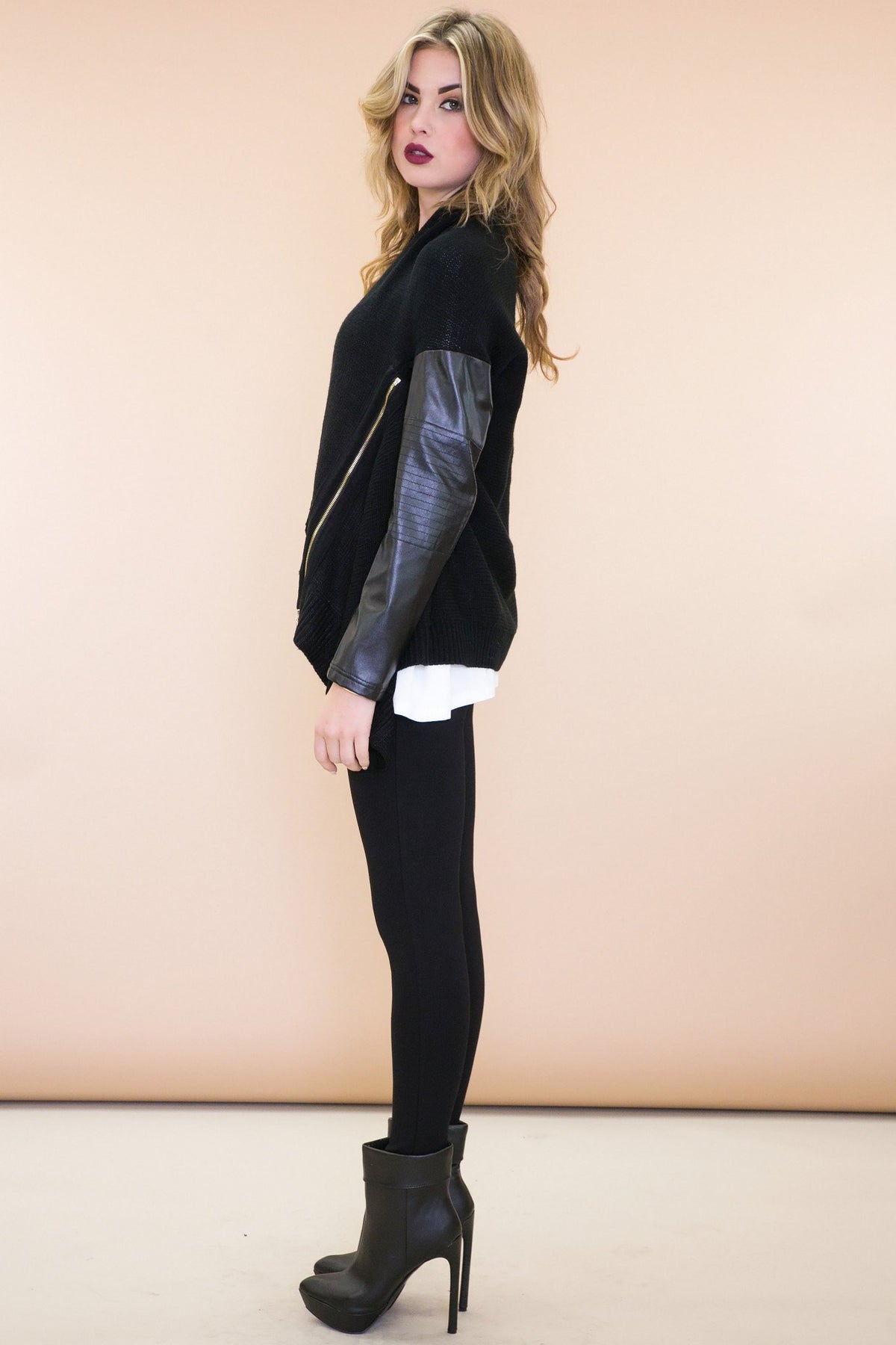 Emon Leather Sleeve Sweater Jacket - Haute & Rebellious