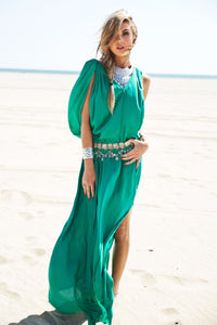 Molin Front Slits Chiffon Maxi Dress - Emerald - Haute & Rebellious