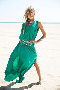 Molin Front Slits Chiffon Maxi Dress - Emerald - Haute & Rebellious