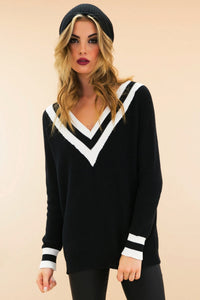 Talia V-Neck Varsity Sweater - Black - Haute & Rebellious