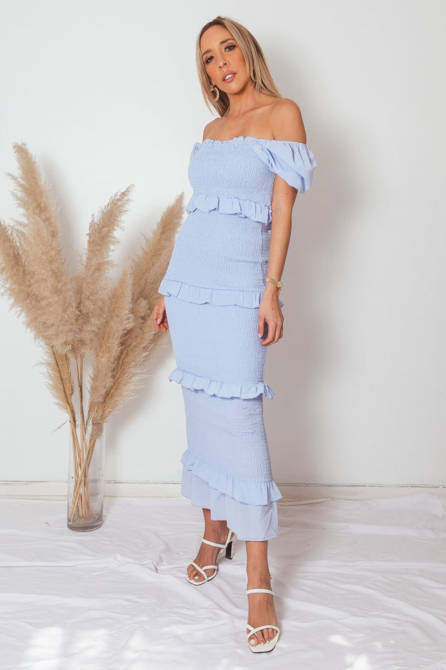 Tiered Ruffle Maxi Dress - S / Powder Blue / C422 Tiered Ruffle Maxi Dress - S / Powder Blue / C422