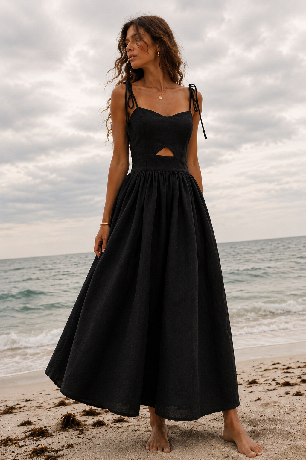 Cutout Linen Blend Maxi Dress - Black