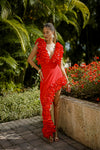 Red Sculpted Floral Two-Piece Set – Ruffle Top & Asymmetrical Skirt / Swim & Occasion Look