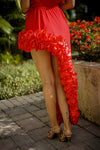 Red Sculpted Floral Two-Piece Set – Ruffle Top & Asymmetrical Skirt / Swim & Occasion Look