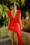 Red Sculpted Floral Two-Piece Set – Ruffle Top & Asymmetrical Skirt / Swim & Occasion Look