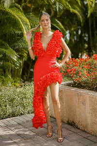 Red Sculpted Floral Two-Piece Set – Ruffle Top & Asymmetrical Skirt / Swim & Occasion Look