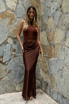 Chocolate Satin Body Dress – High Neck Sleek Silhouette with Draped Waist