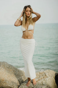 White Ring Detail Bikini Set with Wrap Skirt