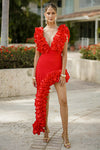 Red Sculpted Floral Two-Piece Set – Ruffle Top & Asymmetrical Skirt / Swim & Occasion Look