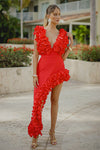 Red Sculpted Floral Two-Piece Set – Ruffle Top & Asymmetrical Skirt / Swim & Occasion Look