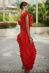 Red Sculpted Floral Two-Piece Set – Ruffle Top & Asymmetrical Skirt / Swim & Occasion Look