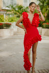 Red Sculpted Floral Two-Piece Set – Ruffle Top & Asymmetrical Skirt / Swim & Occasion Look