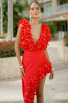 Red Sculpted Floral Two-Piece Set – Ruffle Top & Asymmetrical Skirt / Swim & Occasion Look