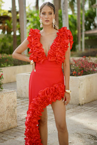 Red Sculpted Floral Two-Piece Set – Ruffle Top & Asymmetrical Skirt / Swim & Occasion Look