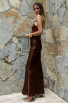 Chocolate Satin Body Dress – High Neck Sleek Silhouette with Draped Waist
