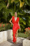Red Sculpted Floral Two-Piece Set – Ruffle Top & Asymmetrical Skirt / Swim & Occasion Look