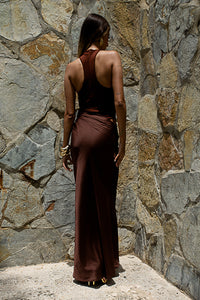 Chocolate Satin Body Dress – High Neck Sleek Silhouette with Draped Waist