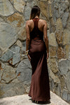 Chocolate Satin Body Dress – High Neck Sleek Silhouette with Draped Waist