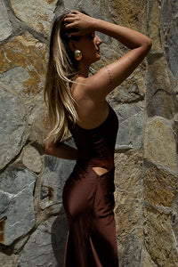 Chocolate Satin Body Dress – High Neck Sleek Silhouette with Draped Waist
