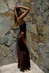 Chocolate Satin Body Dress – High Neck Sleek Silhouette with Draped Waist