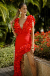 Red Sculpted Floral Two-Piece Set – Ruffle Top & Asymmetrical Skirt / Swim & Occasion Look