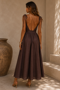 Open Back Tie Shoulder Midi Dress - Brown