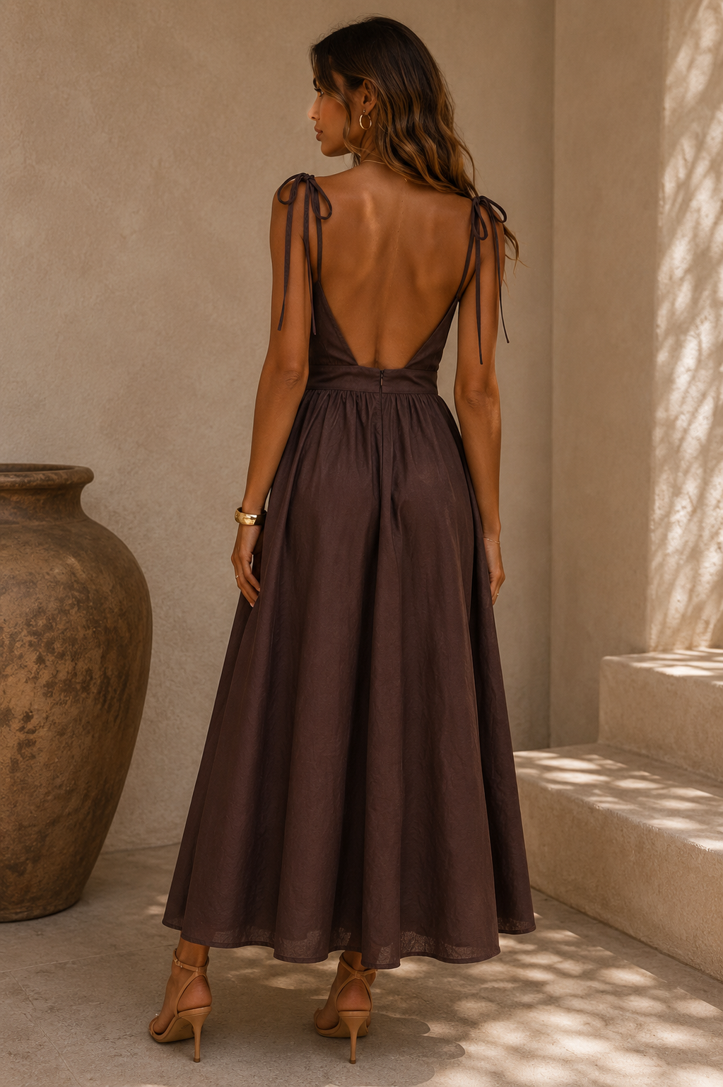 Open Back Tie Shoulder Midi Dress - Brown