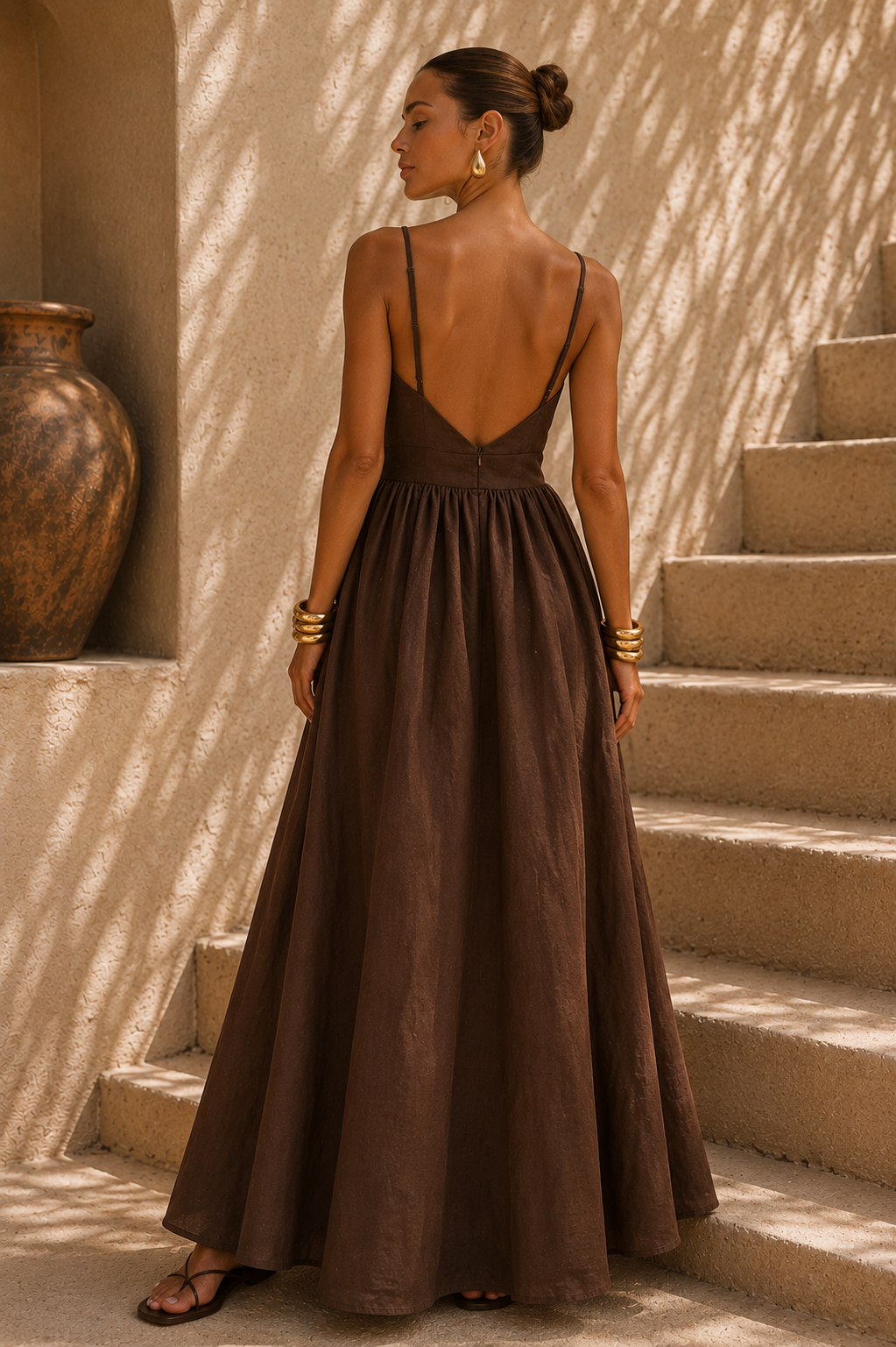Cutout Linen Blend Maxi Dress - Brown