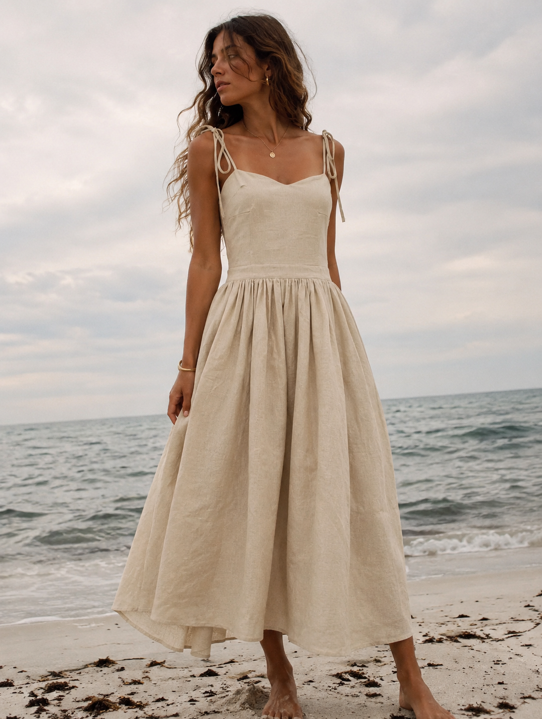 Open Back Tie Shoulder Midi Dress - Beige