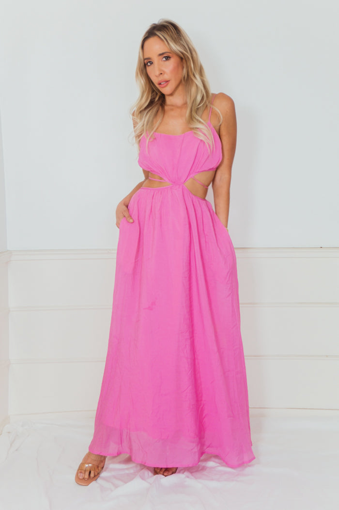 Linen Cut-Out Maxi Dress - Pink