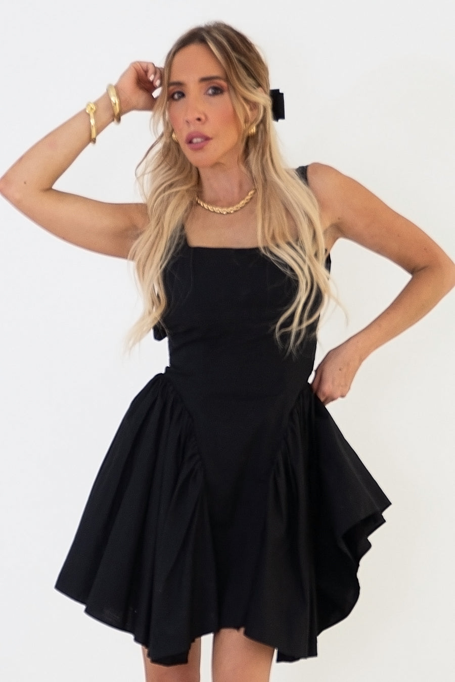 little black flare dress Black Fit And Flare Dress With Beaded Neck And Waist Detail