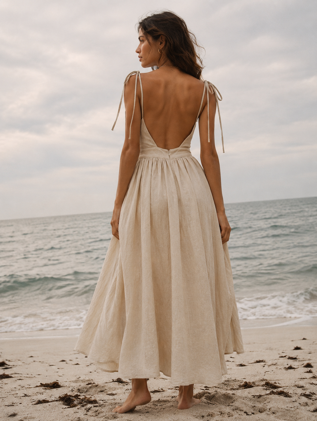 Open Back Tie Shoulder Midi Dress - Beige