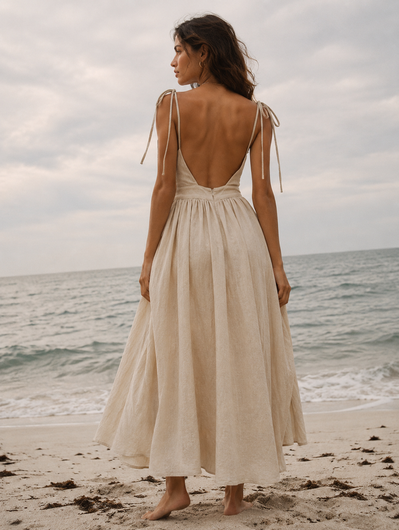 tie shoulder midi dress Beige Open Back Color:Silk Black Large 40 Black Velvet Dress Long Contrasting
